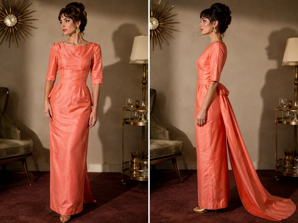 Vintage 60s Coral Satin Maxi Dress Bow Train Mod Formal Gown XXS Regency